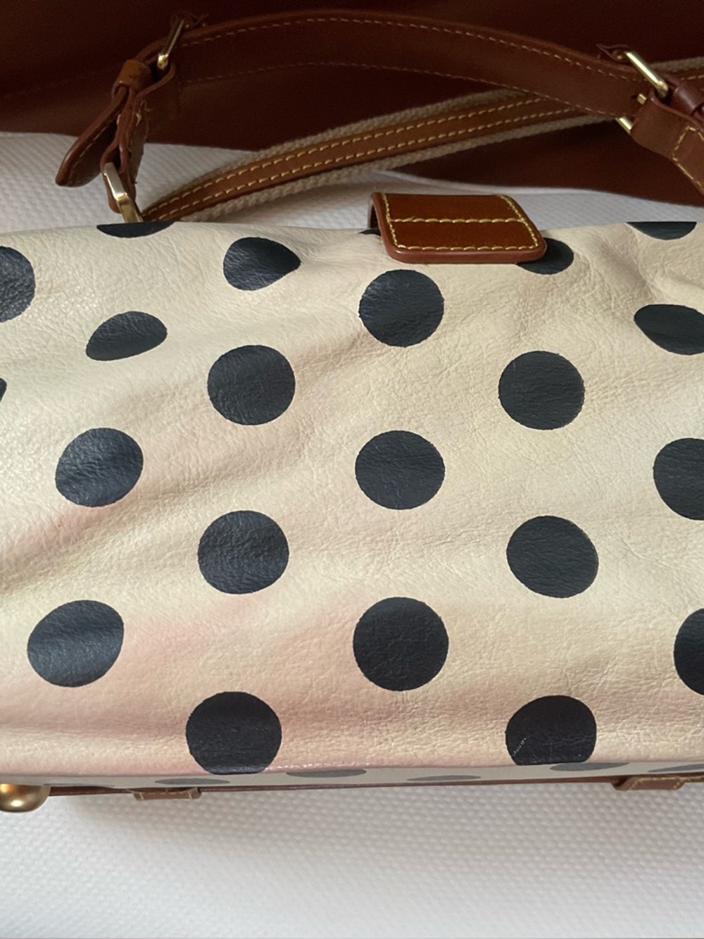 Anthropology .  HOLDING HORSES Cream Polka Dot Shoulder Satchel with Brown Trim - Picture 6 of 6